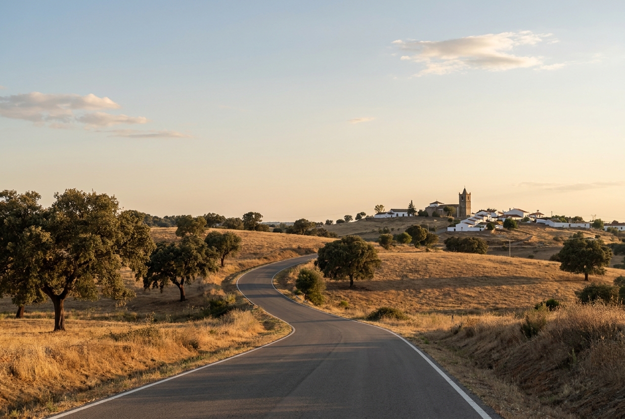 An empty road curving through golden Alentejo plains with cork oaks and a whitewashed village ahead