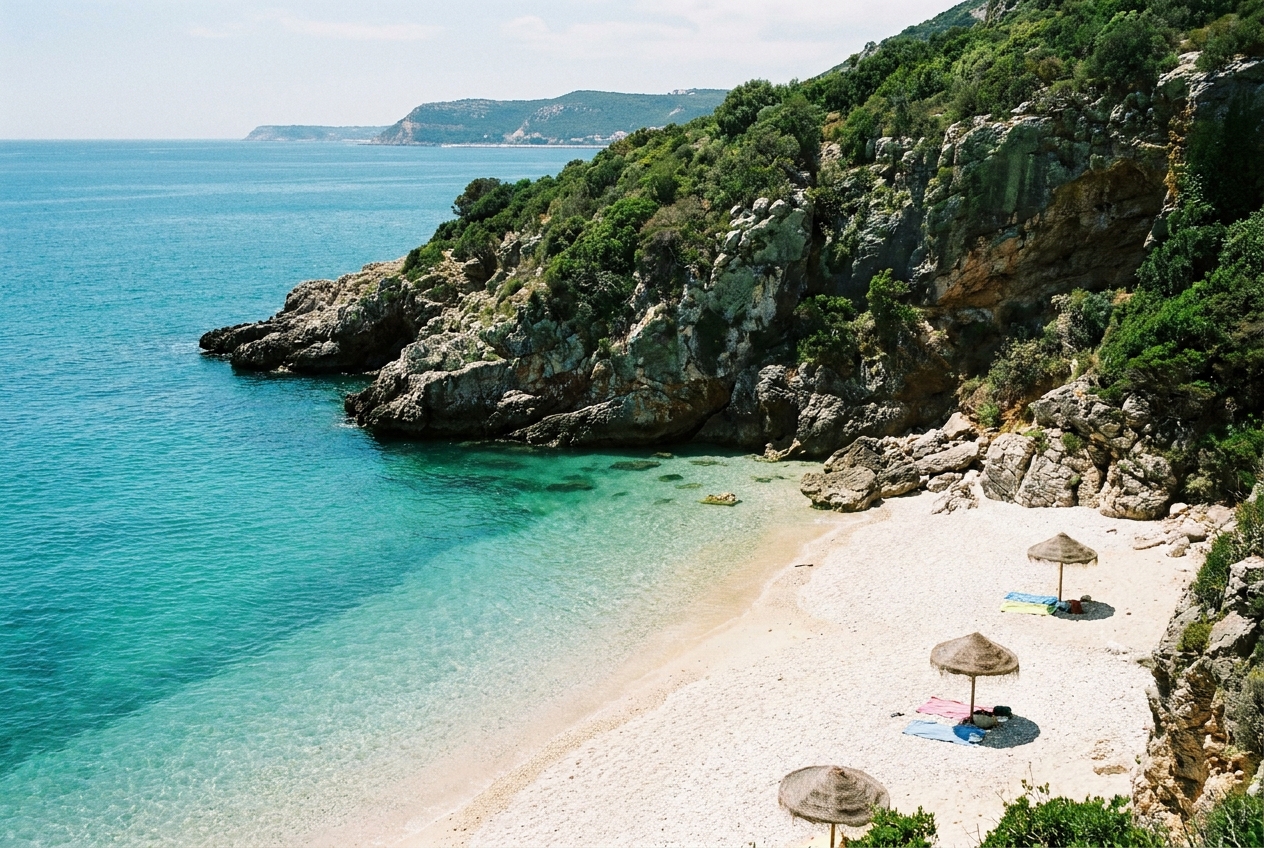A turquoise cove with white sand framed by green limestone cliffs in the Arrábida natural park