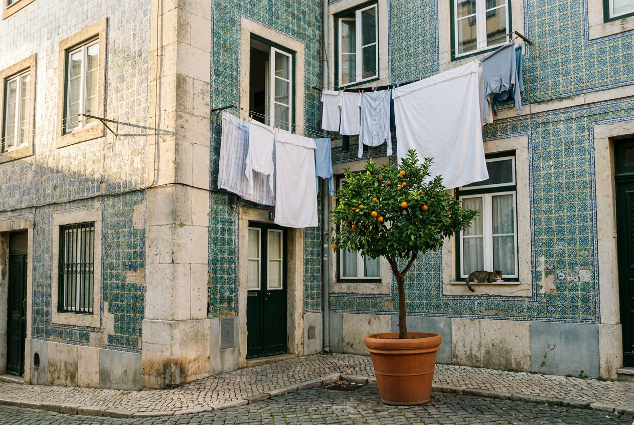 Azulejo-tiled facades on an Alfama corner with laundry drying and a potted orange tree