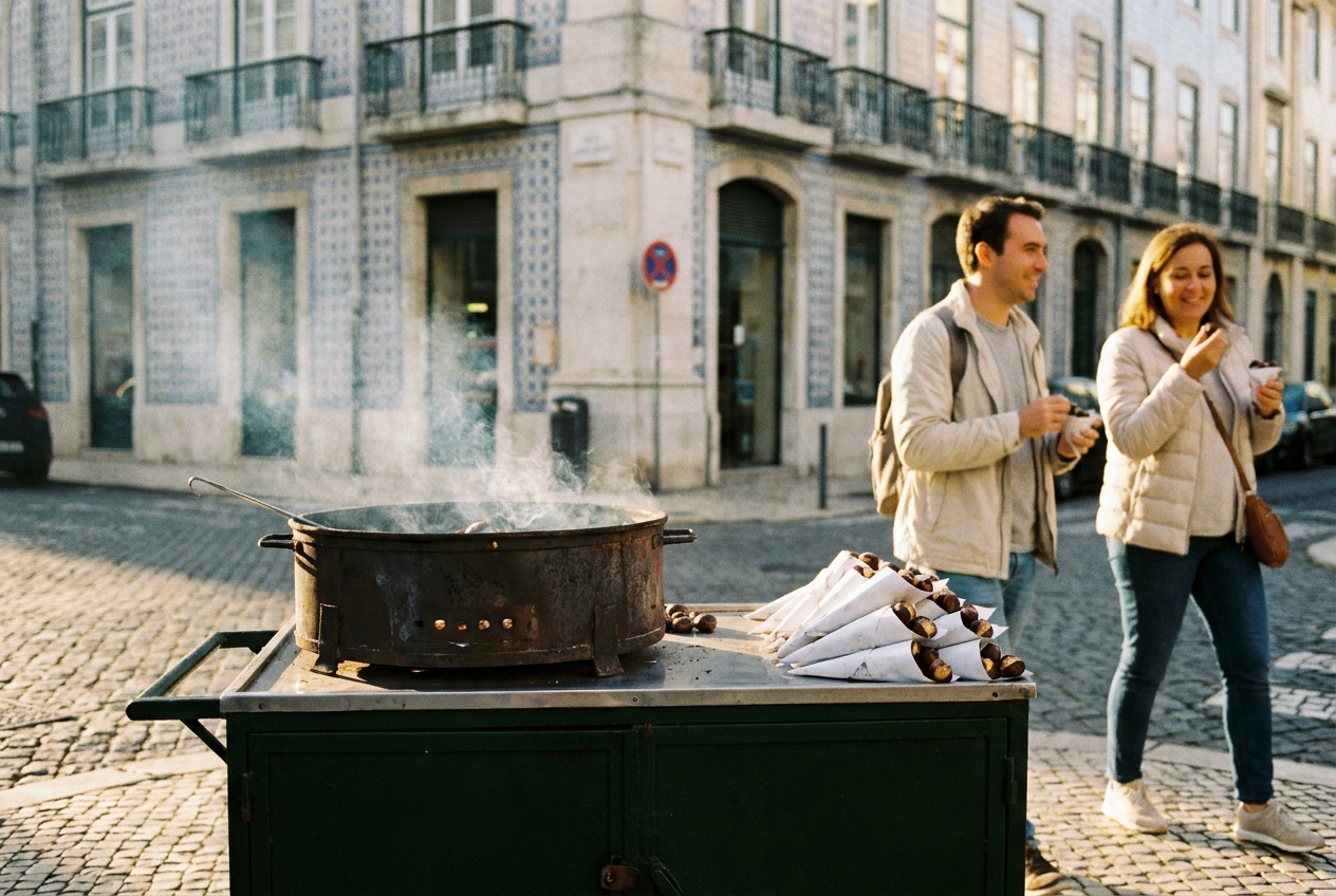 A chestnut roaster's cart smoking on a tiled Lisbon street corner in autumn light