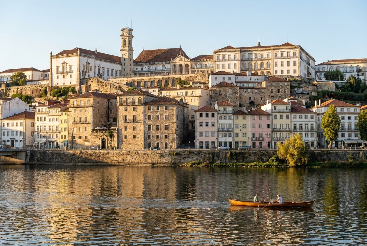 Coimbra across the Mondego river with the university crowning the hill in late light