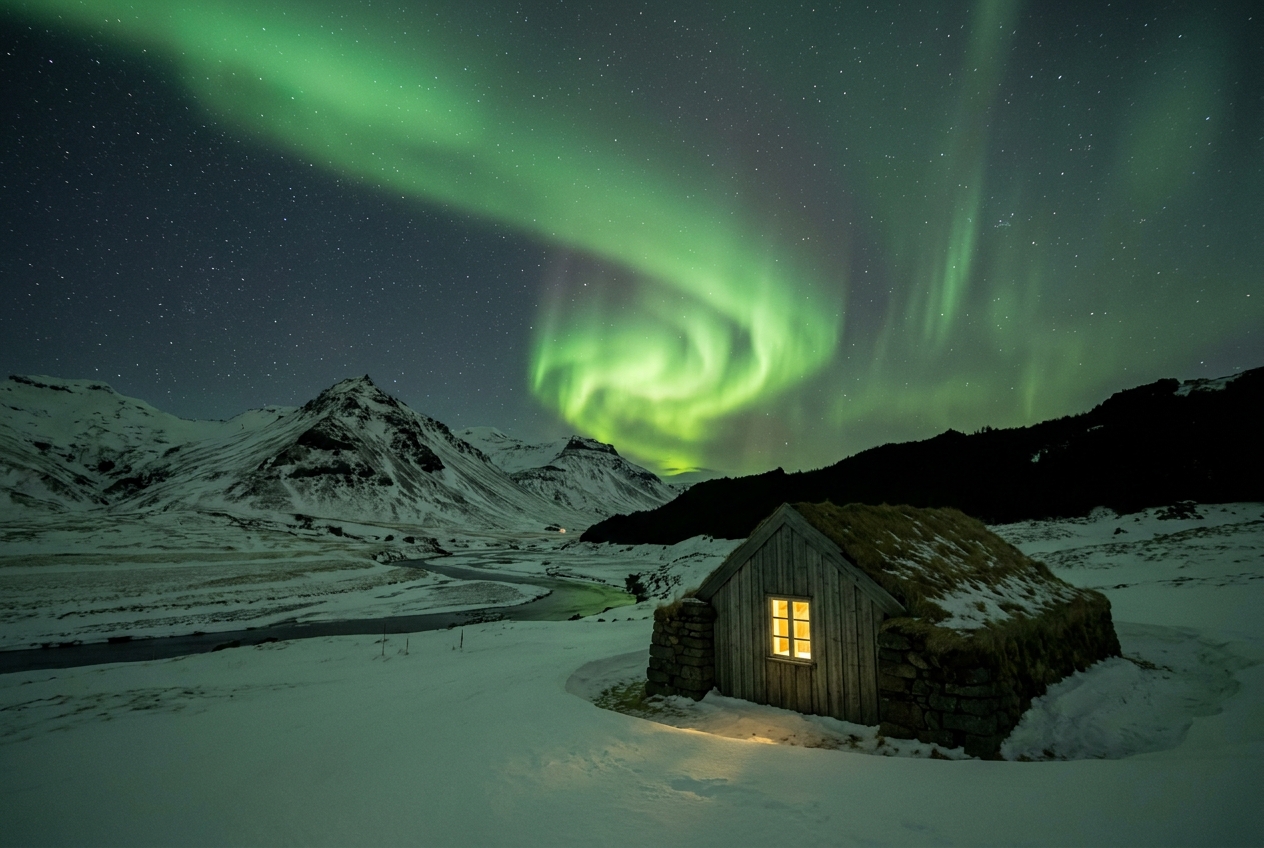 Green aurora borealis over a snowy Icelandic landscape at night
