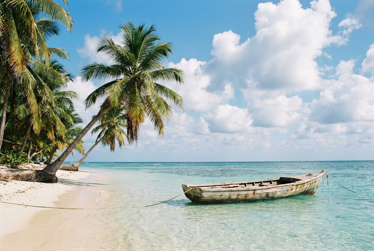 Calm Caribbean beach with turquoise water in December morning light
