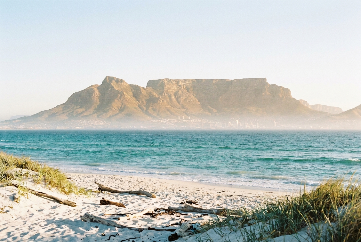 Table Mountain under December summer sun seen from across the bay