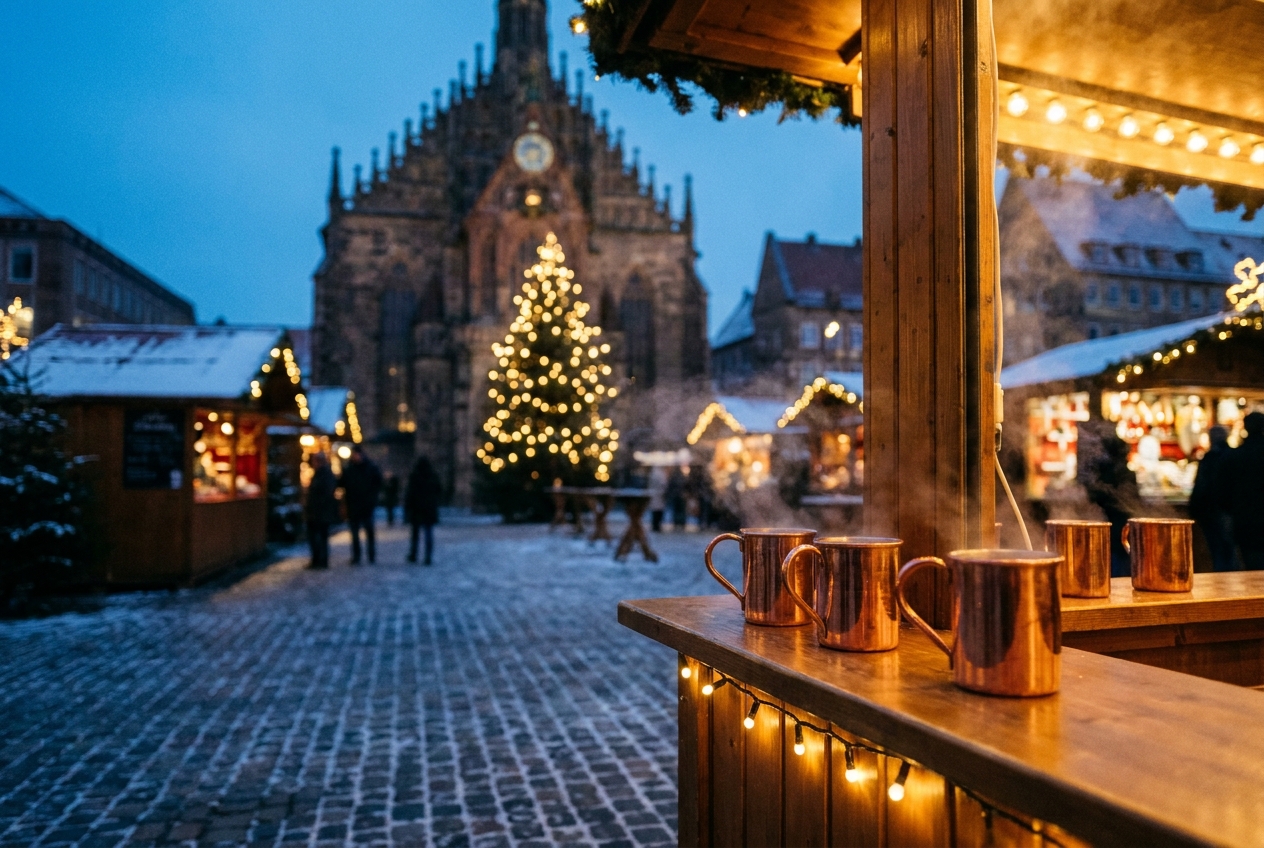 European Christmas market square at dusk with lit stalls and mulled wine