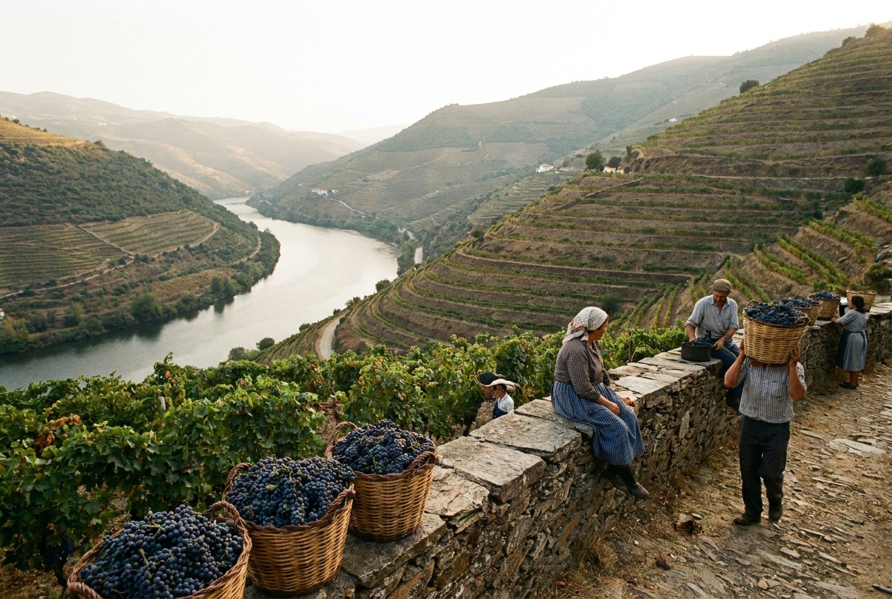 Terraced vineyards above the Douro river at harvest time