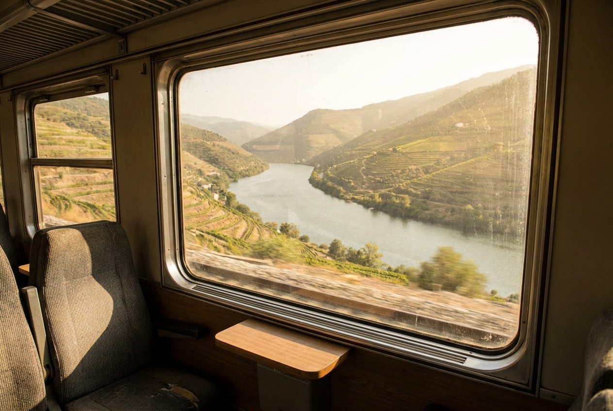 The Douro river and terraced vineyards seen through the window of a regional train