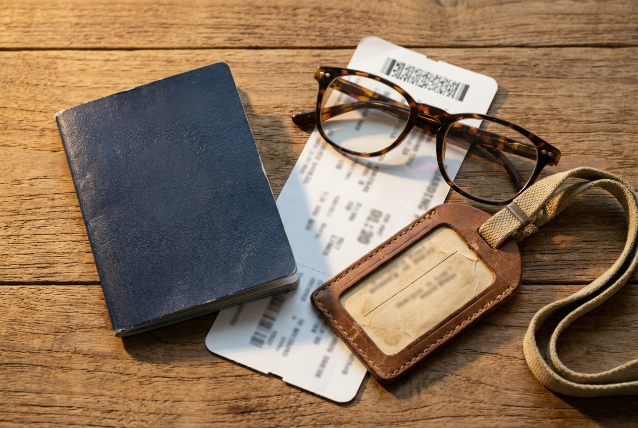 A passport, boarding pass and luggage tag laid out on a wooden desk
