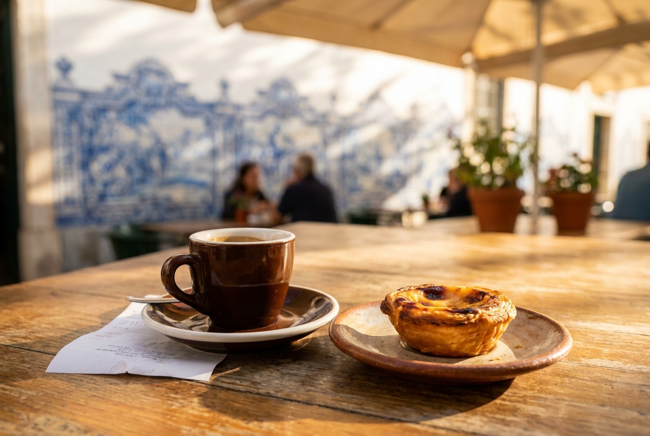 An espresso and a pastel de nata with a small receipt on a sunny Lisbon café table