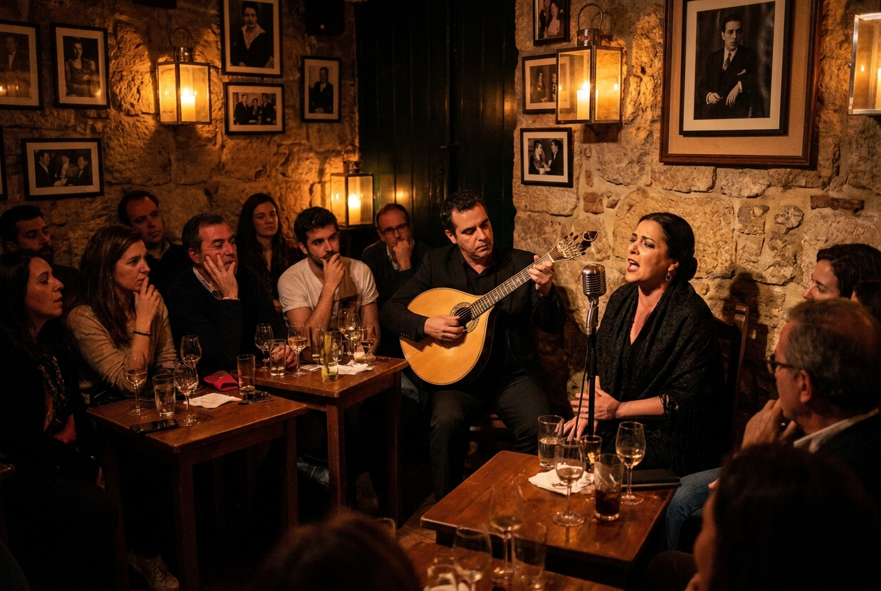 A fado singer performing beside a Portuguese guitar player in a small candlelit Alfama fado house