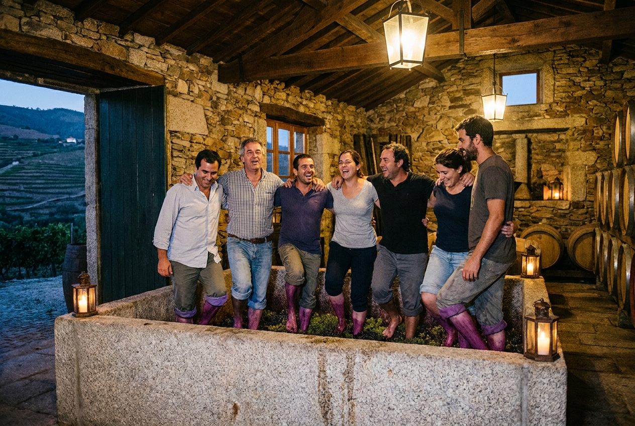 Harvesters treading grapes arm in arm in a granite lagar by lantern light in the Douro