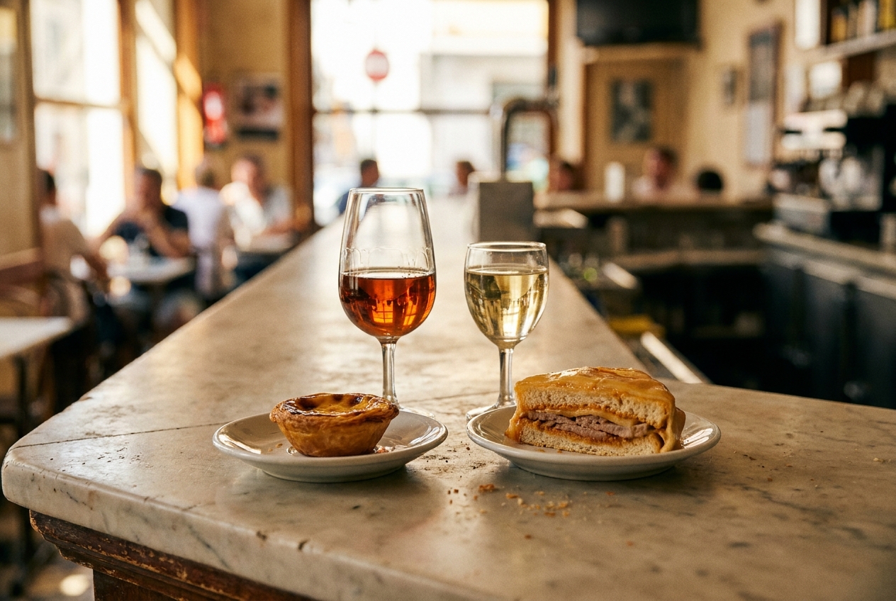 A glass of port and a glass of white wine with a pastel de nata and a francesinha facing each other on a marble counter