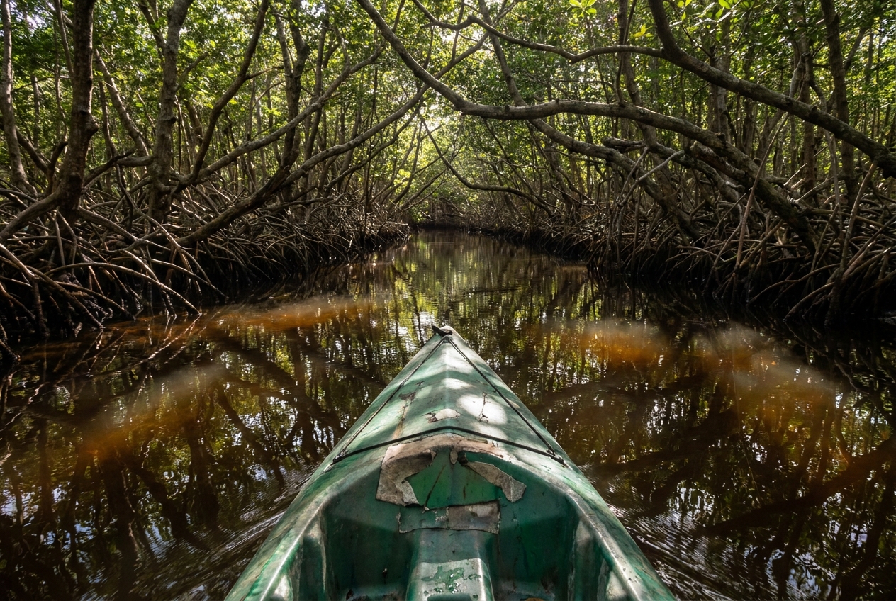A kayak gliding through a narrow mangrove tunnel in the Everglades
