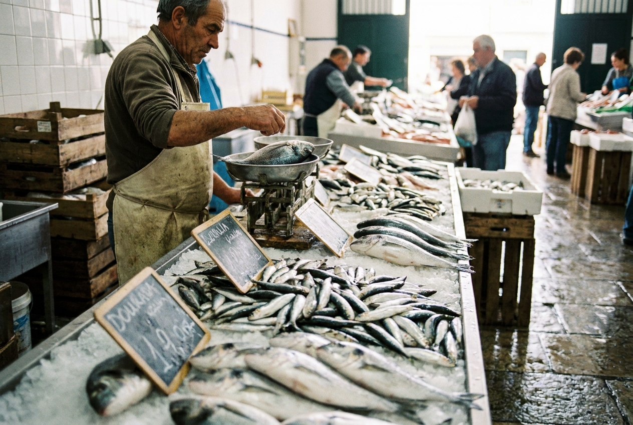 A fish vendor weighing dourada at a Portuguese municipal market with slate price signs