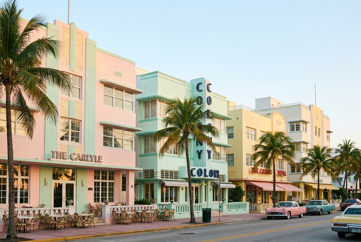 Pastel Art Deco buildings along Ocean Drive in Miami Beach at morning