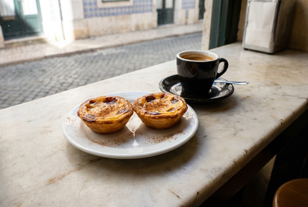 Two pastéis de nata with espresso on a marble café counter