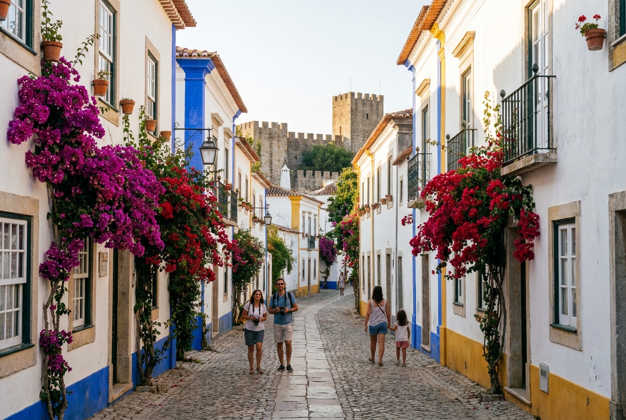 A cobbled lane in Óbidos with bougainvillea and the castle wall at its end