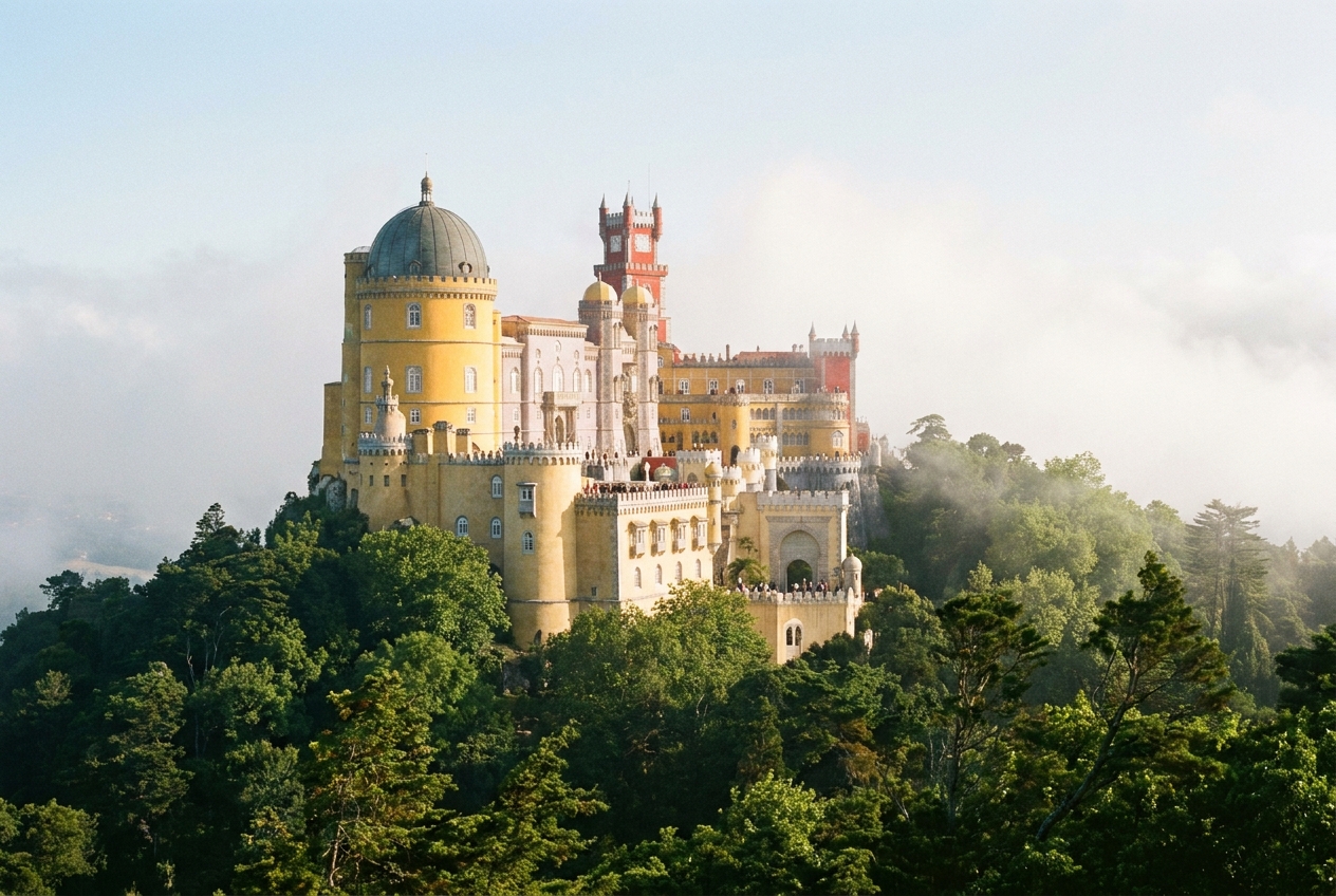 Pena Palace in Sintra emerging from morning mist above the forest
