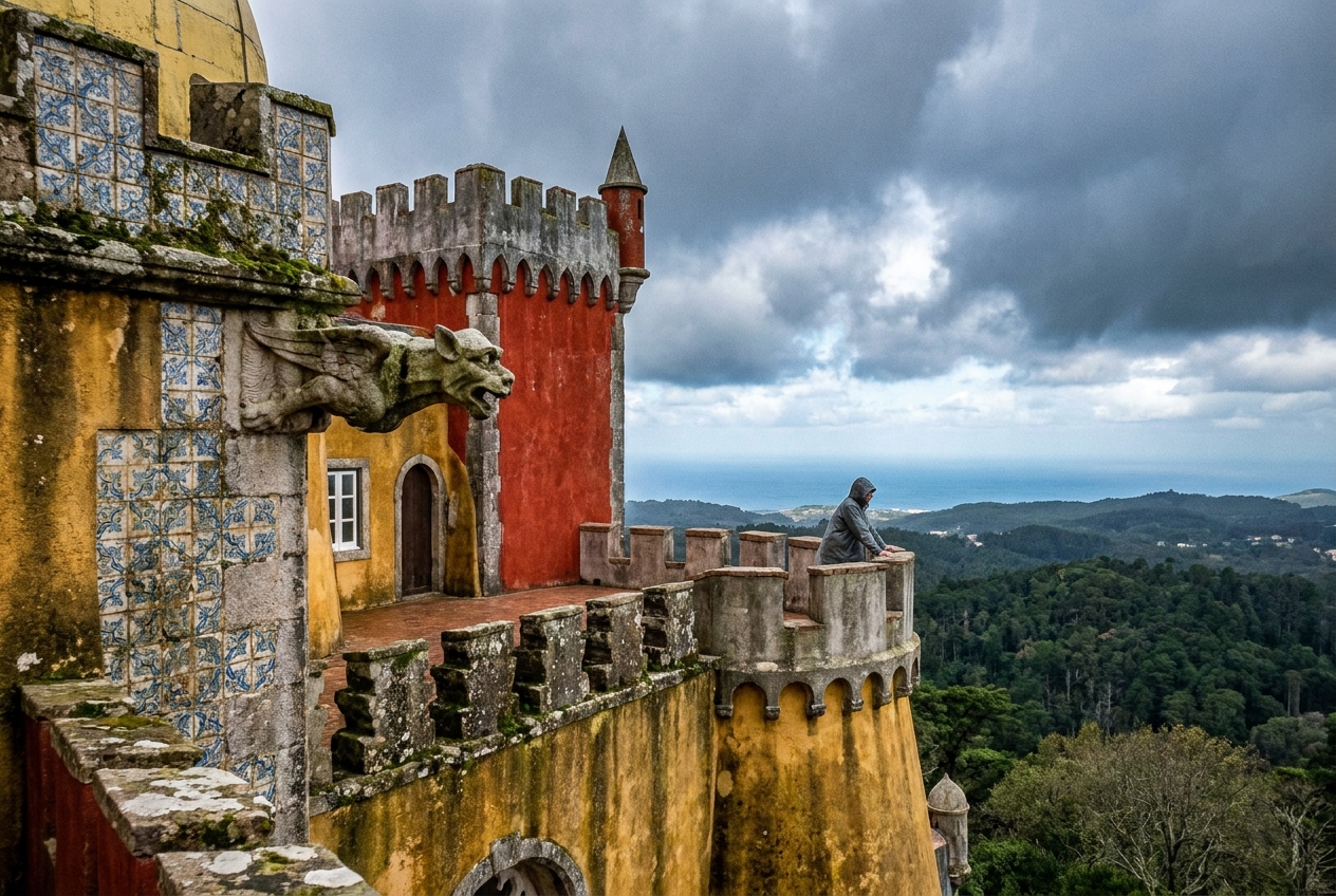 The ochre and red terraces of Pena Palace with a gargoyle and a visitor looking over the forest to the Atlantic