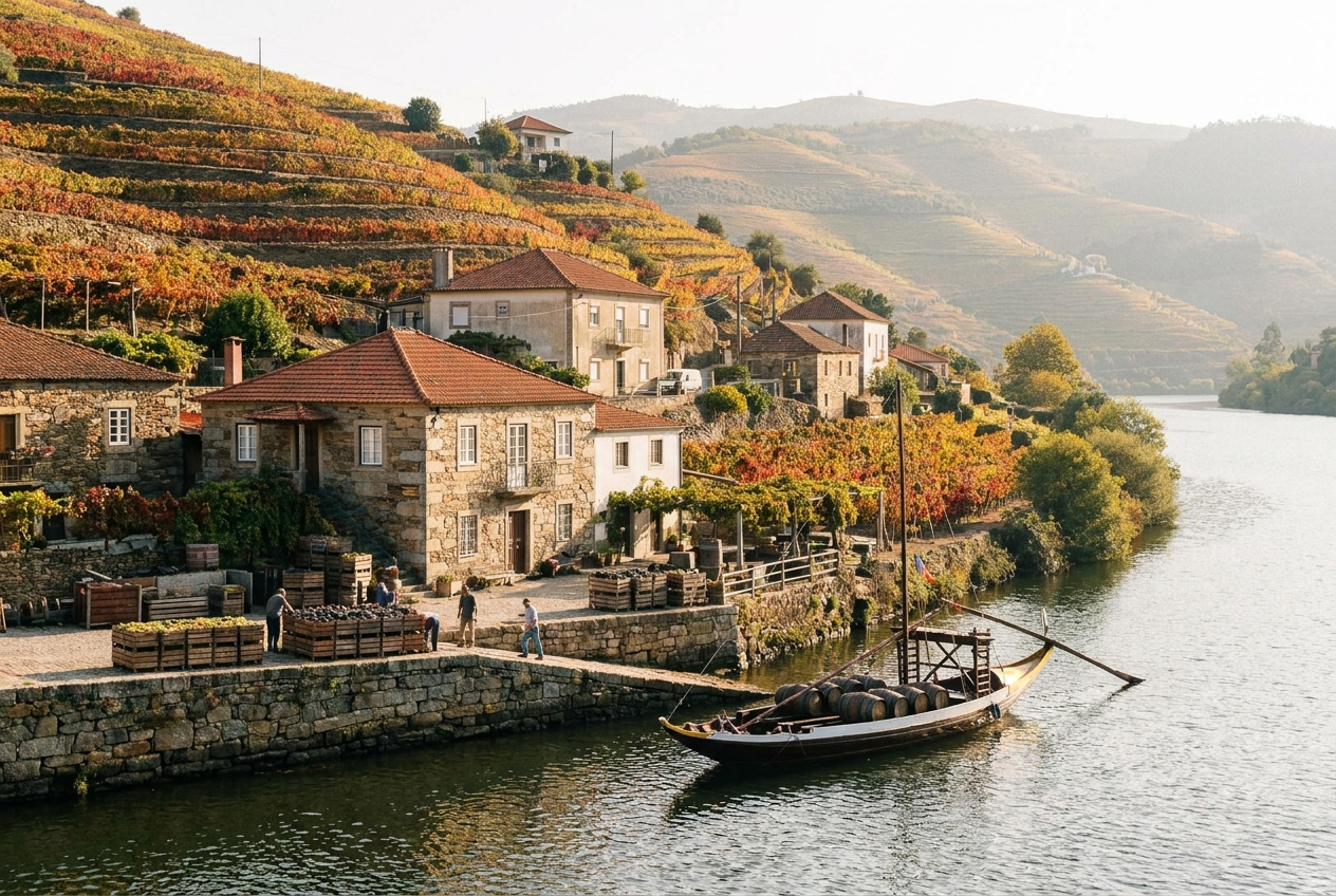 Pinhão on the Douro riverbend during harvest, with grape crates by the quay and terraced vineyards in autumn color