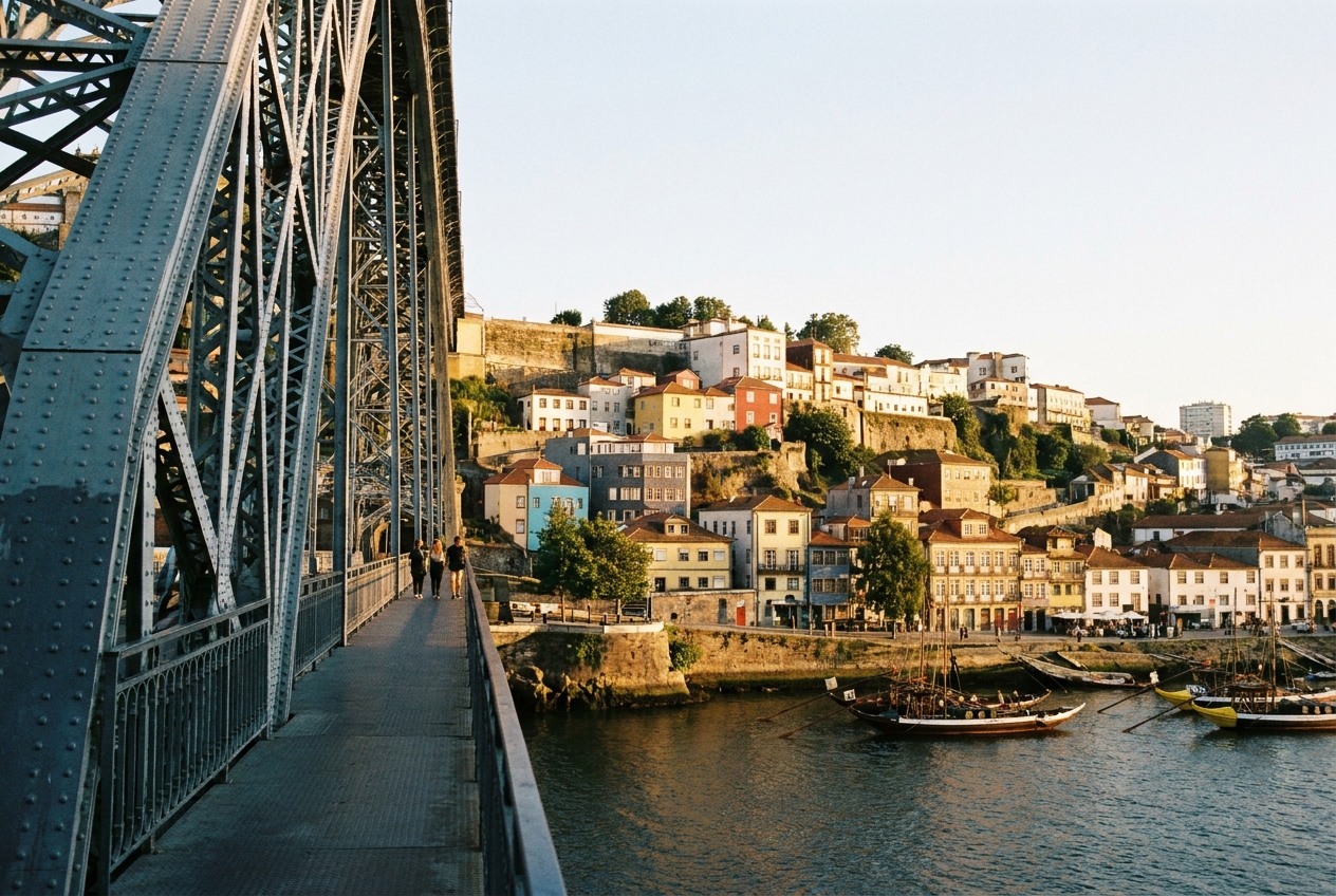 Porto's Ribeira riverfront and the Dom Luís I bridge at golden hour