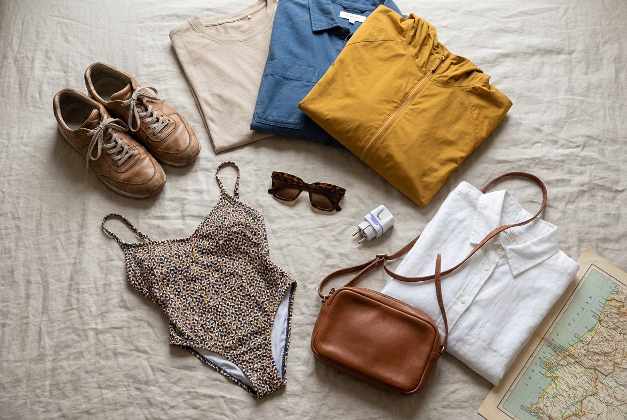 Flat-lay of a Portugal packing kit: walking sneakers, light layers, rain shell, swimsuit, plug adapter and crossbody bag