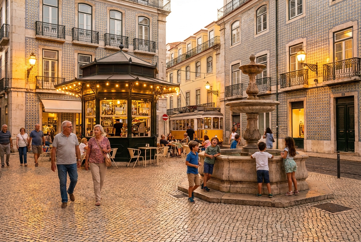 Families and couples strolling around a fountain on a Lisbon square at dusk