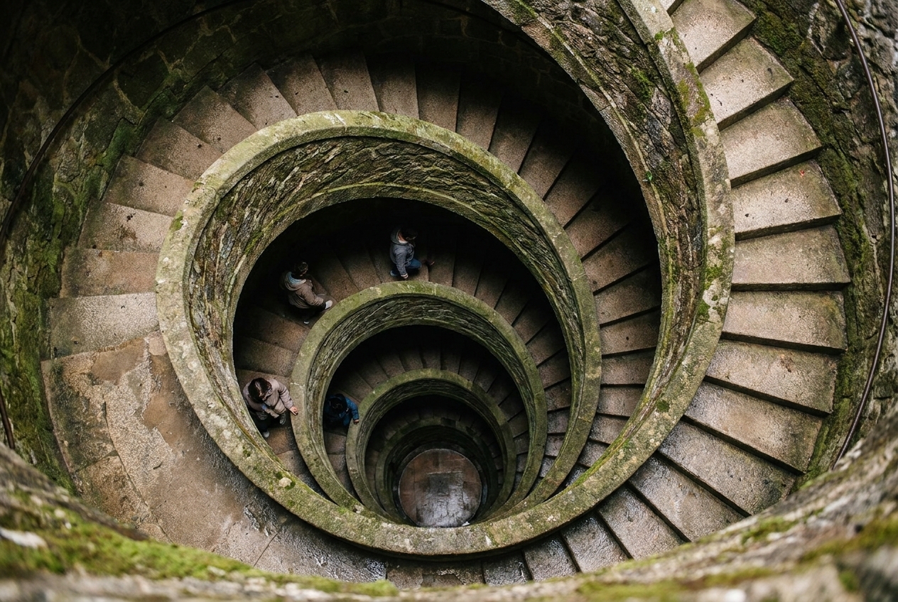 Looking down the spiral of Quinta da Regaleira's initiation well in Sintra