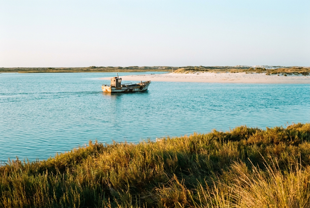 Ferry crossing the calm Ria Formosa lagoon toward a barrier island near Tavira