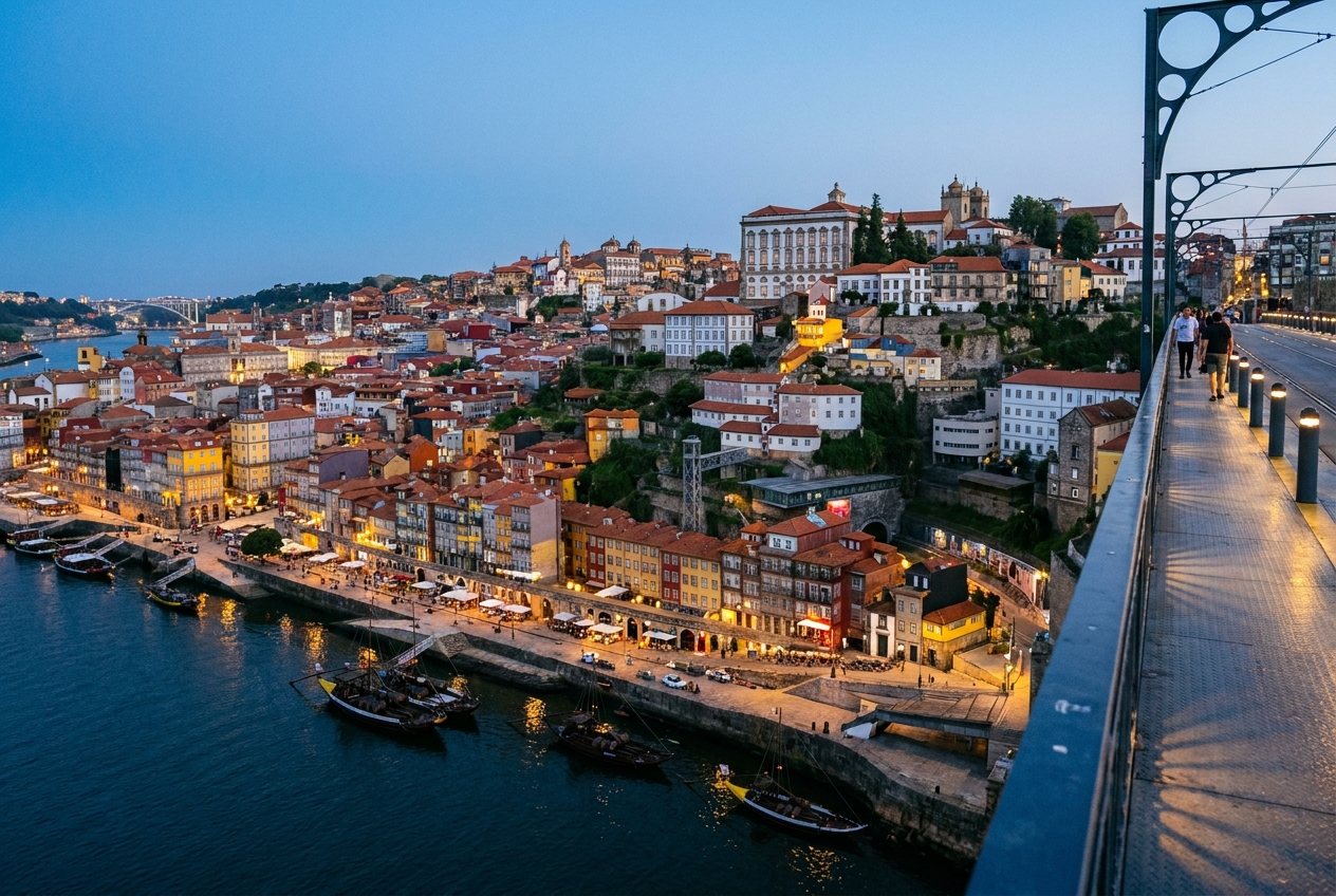 Porto's Ribeira district at dusk seen from the Dom Luís I bridge, rabelo boats on the Douro