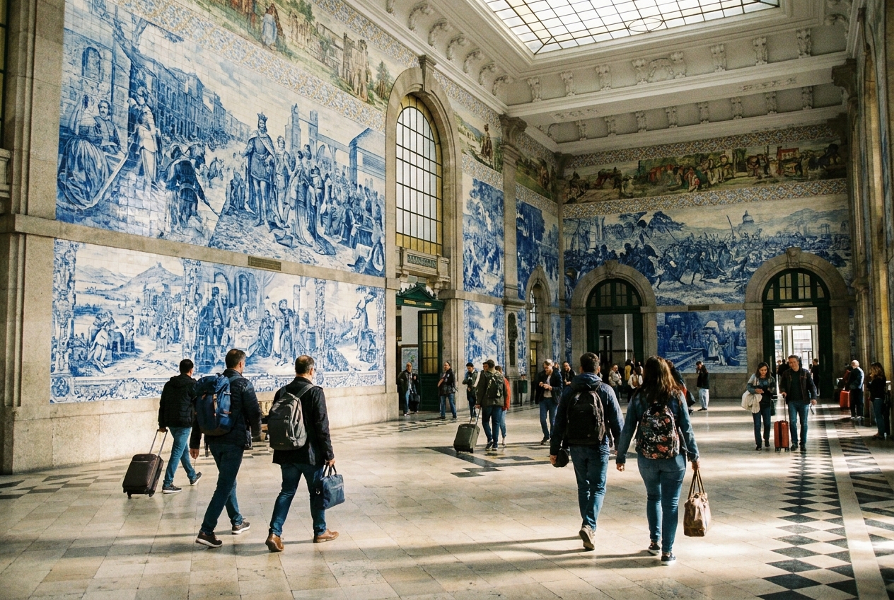 Travelers crossing the azulejo-covered hall of São Bento station in Porto