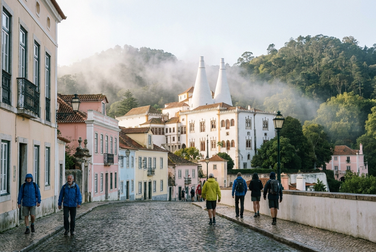 Sintra old town and the twin white chimneys of the National Palace with mist on the forested hills