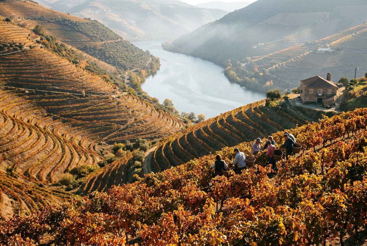 Grape pickers working the terraced vineyards of the Douro Valley in autumn colors above the river