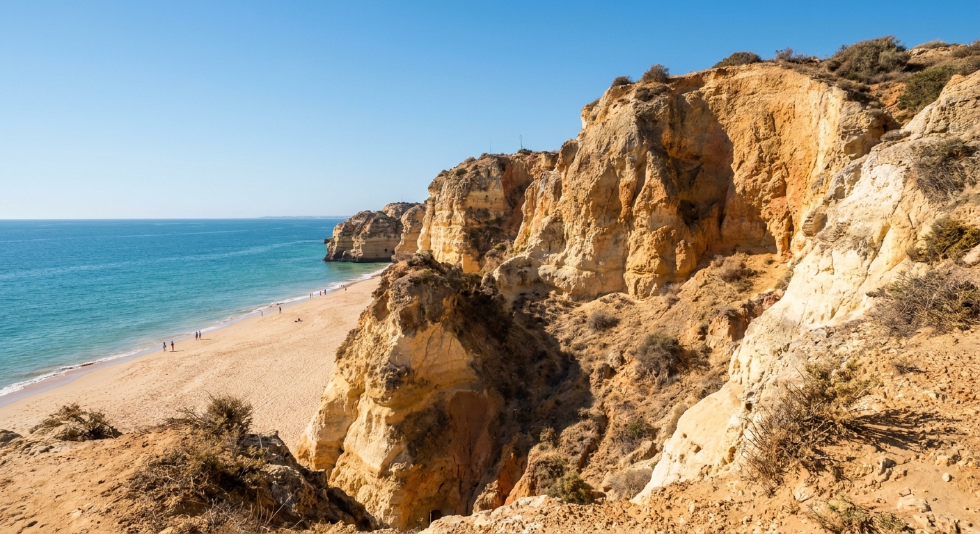 Ochre sandstone cliffs above a sandy beach at Albufeira under a clear sky