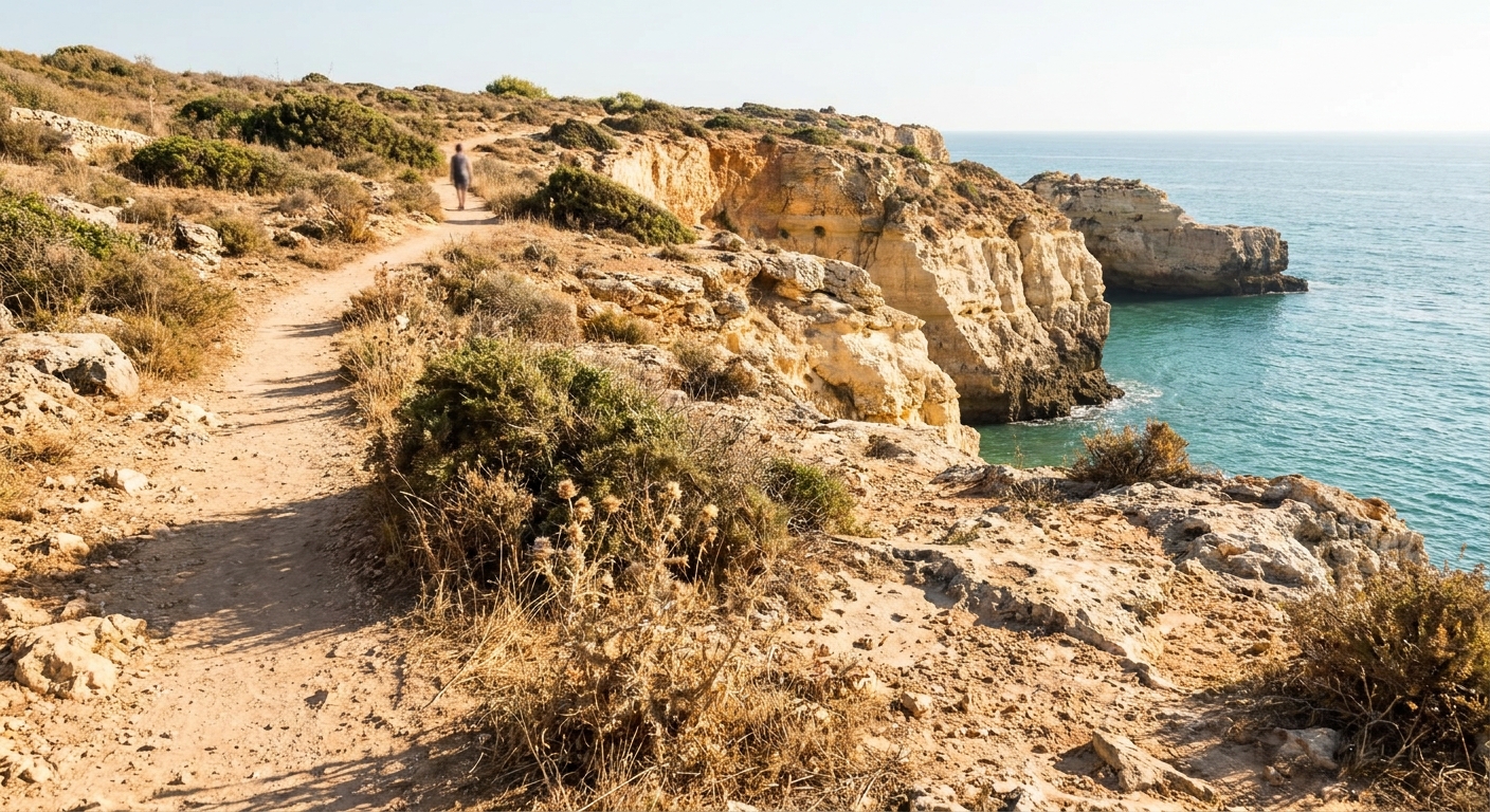 A narrow dirt path along low ochre cliffs above the sea on the Algarve coast