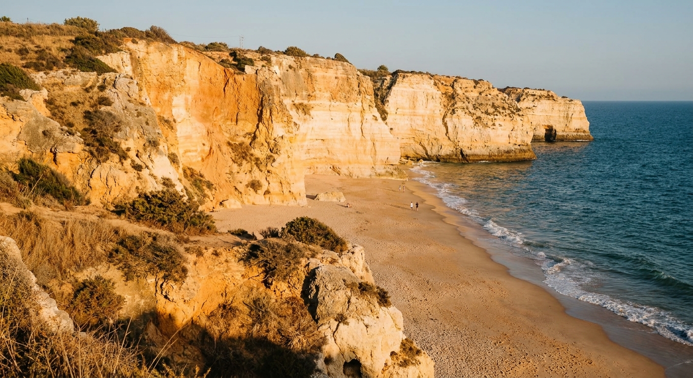Ochre sandstone cliffs above a wide sandy beach near Albufeira in late evening sunlight