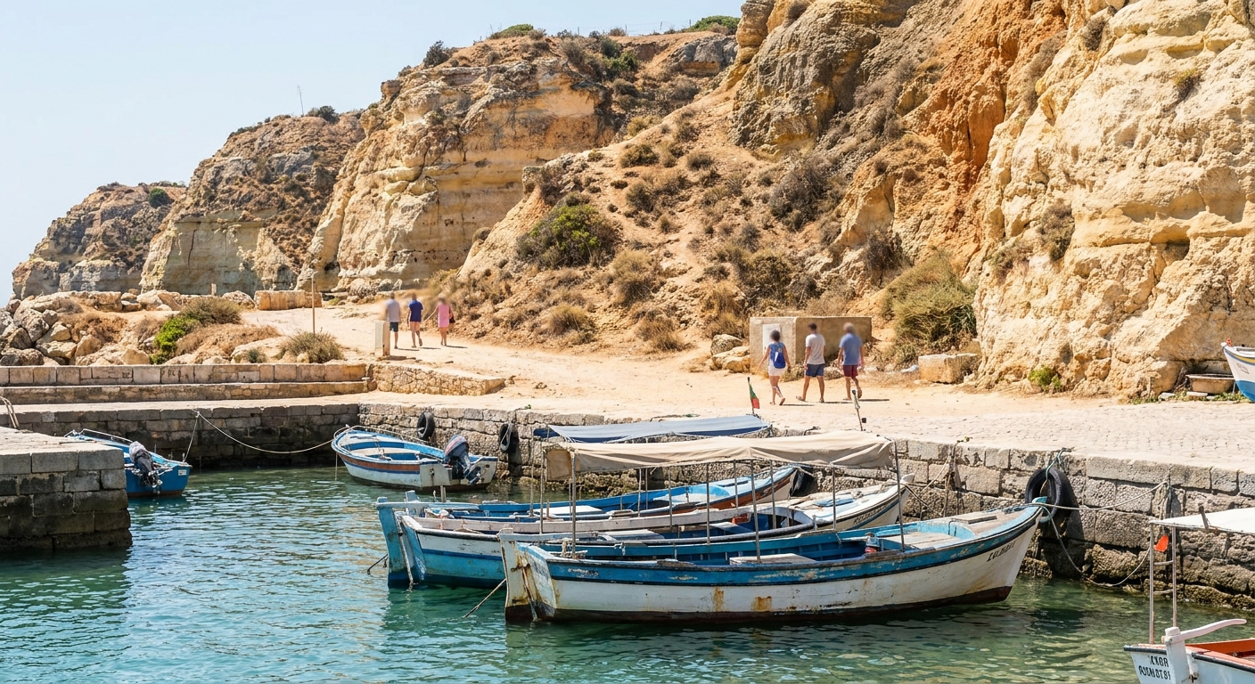 Small tour boats moored in a marina below dry coastal hills on a clear summer morning
