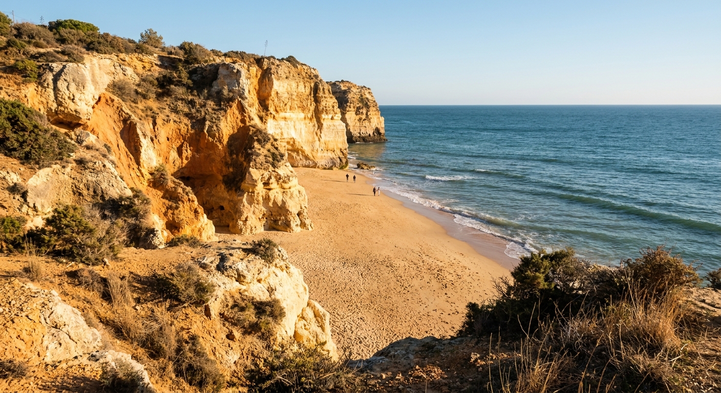 Orange sandstone cliffs above an empty sand beach near Albufeira under low winter sun
