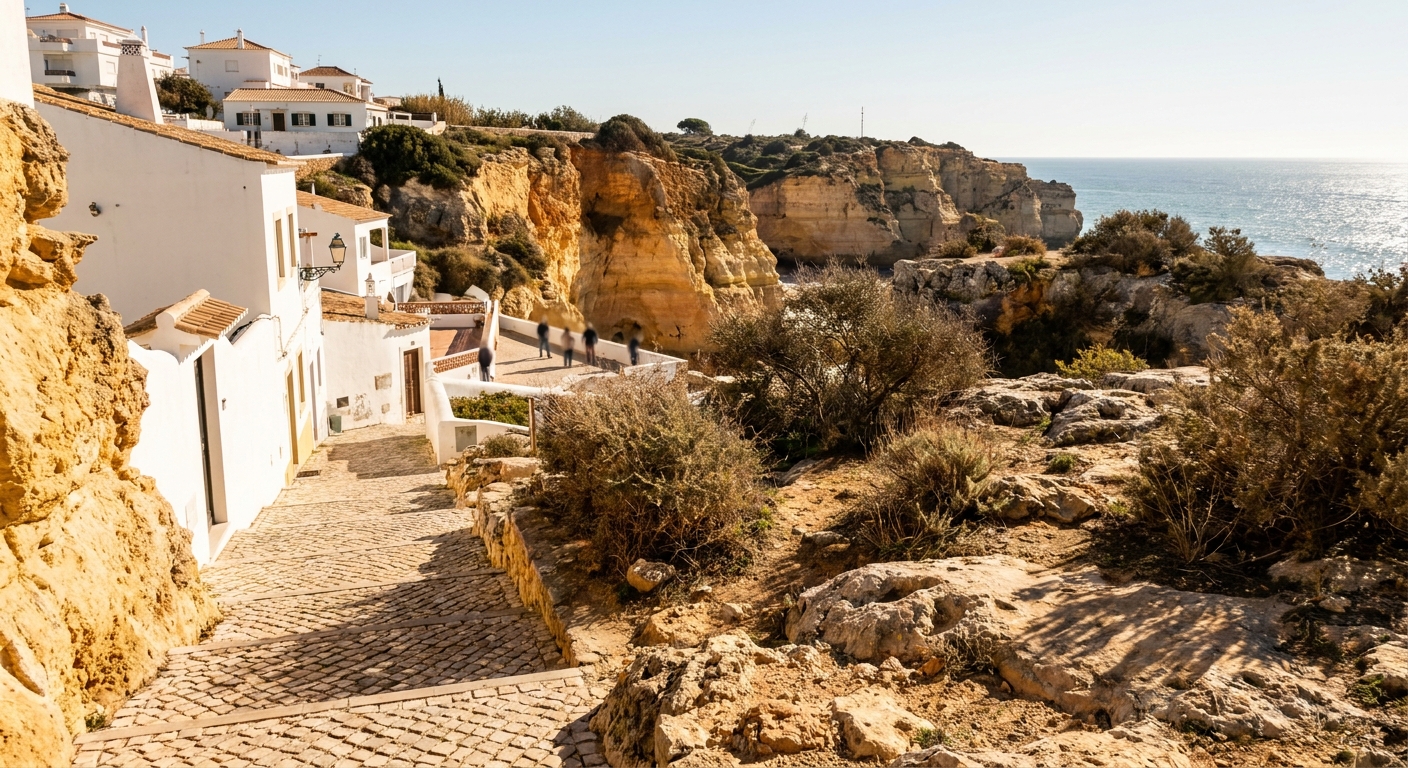 Whitewashed houses and steep stairs in Albufeira's old town on a clear winter day