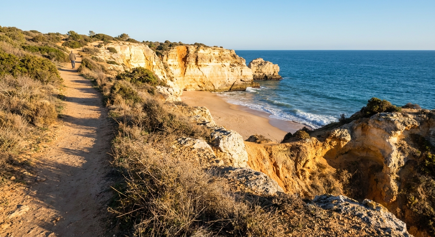 A clifftop footpath above an empty sandy cove on the Algarve coast under winter sun