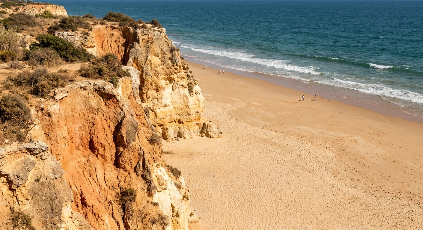 Red and ocher sandstone cliffs above a wide empty beach with a few walkers on the sand