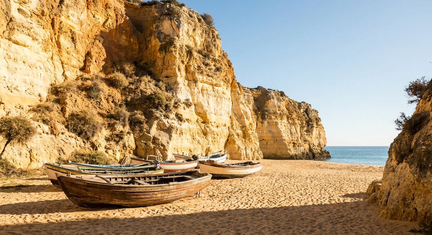Fishing boats and empty sand below ochre cliffs at Albufeira on a clear winter morning