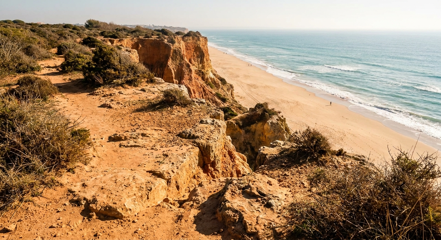 A red sandstone clifftop path above an empty Algarve beach under winter sun