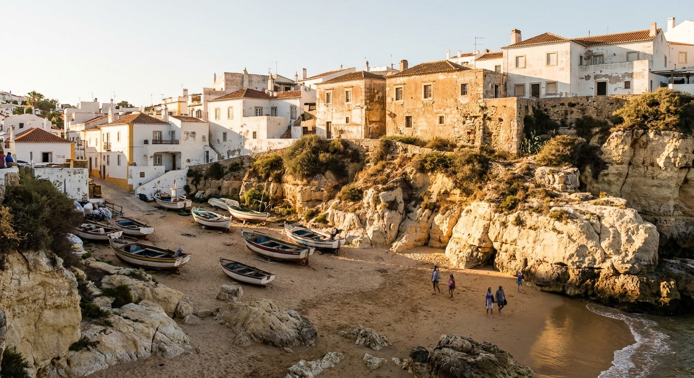 Small fishing boats on a sandy beach below a whitewashed old town at evening