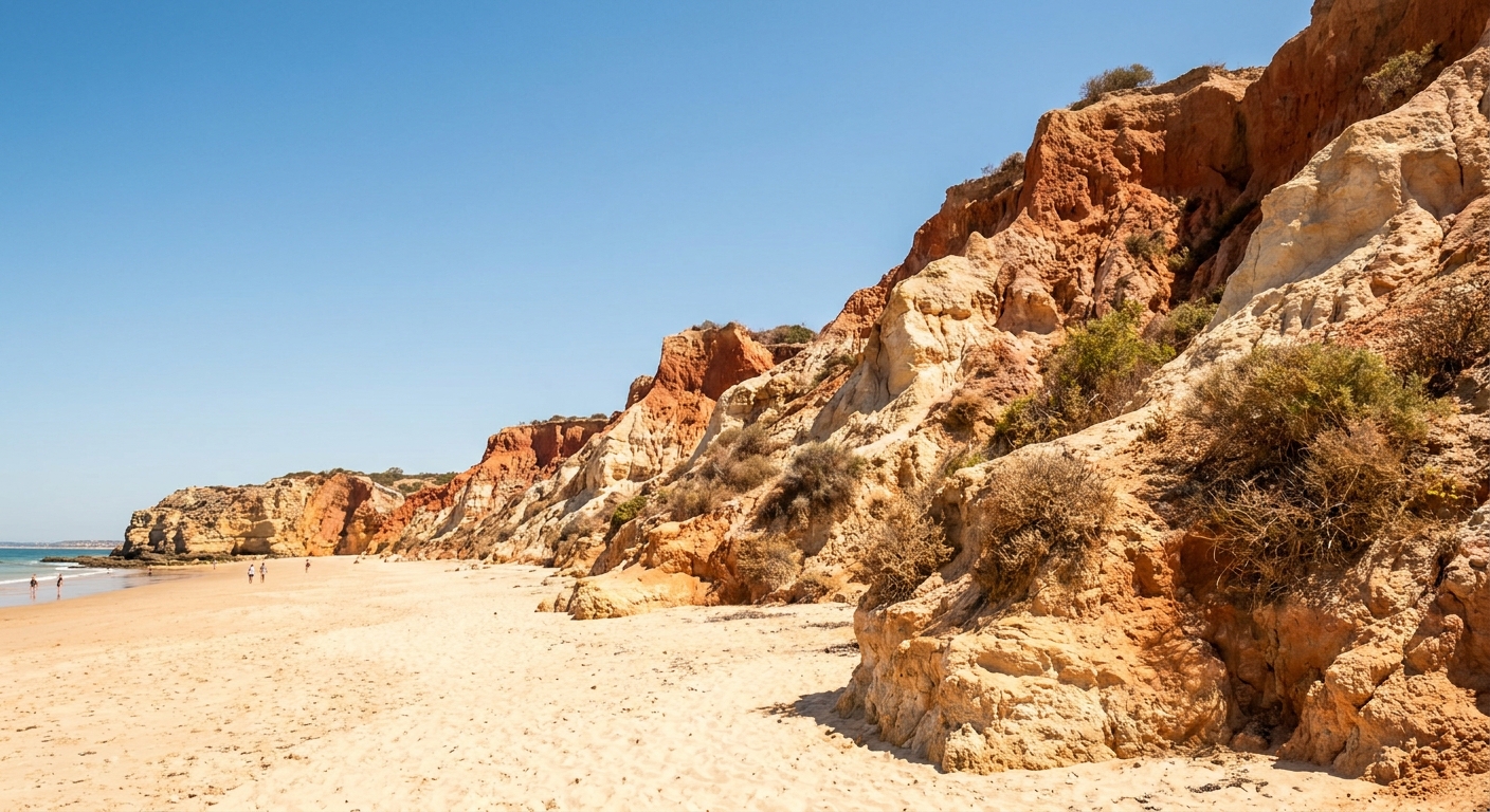 Red sandstone cliffs above a wide sand beach on the Algarve coast