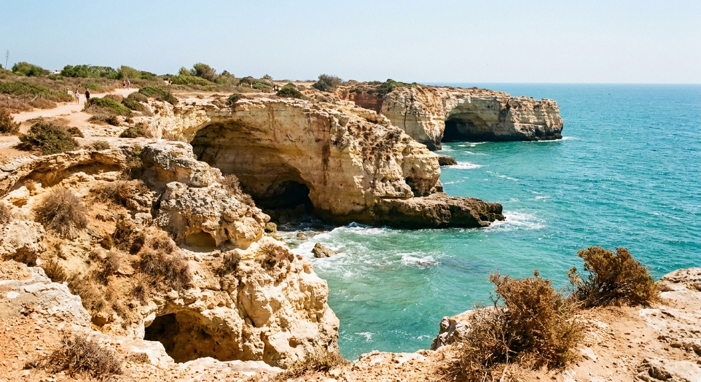 Limestone cliffs, sea caves and turquoise water on the Algarve coast west of Albufeira