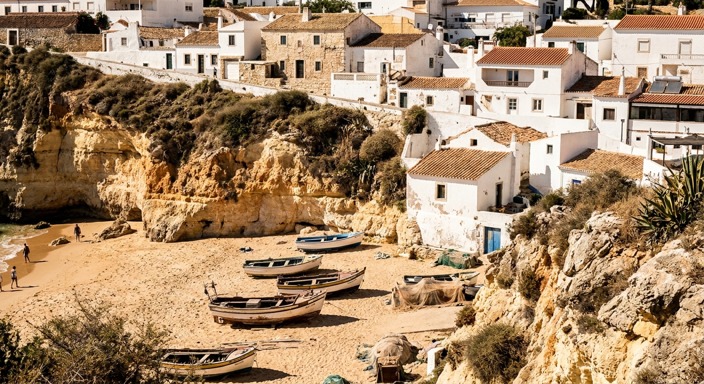 Whitewashed Old Town houses above a small beach with fishing boats on the Algarve coast