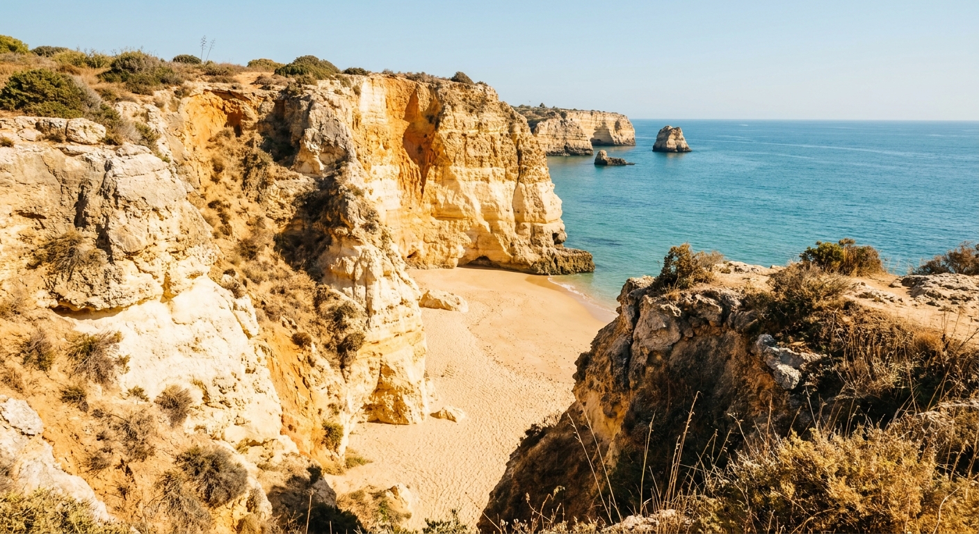 Ochre and white cliffs above an empty stretch of sand on the central Algarve coast