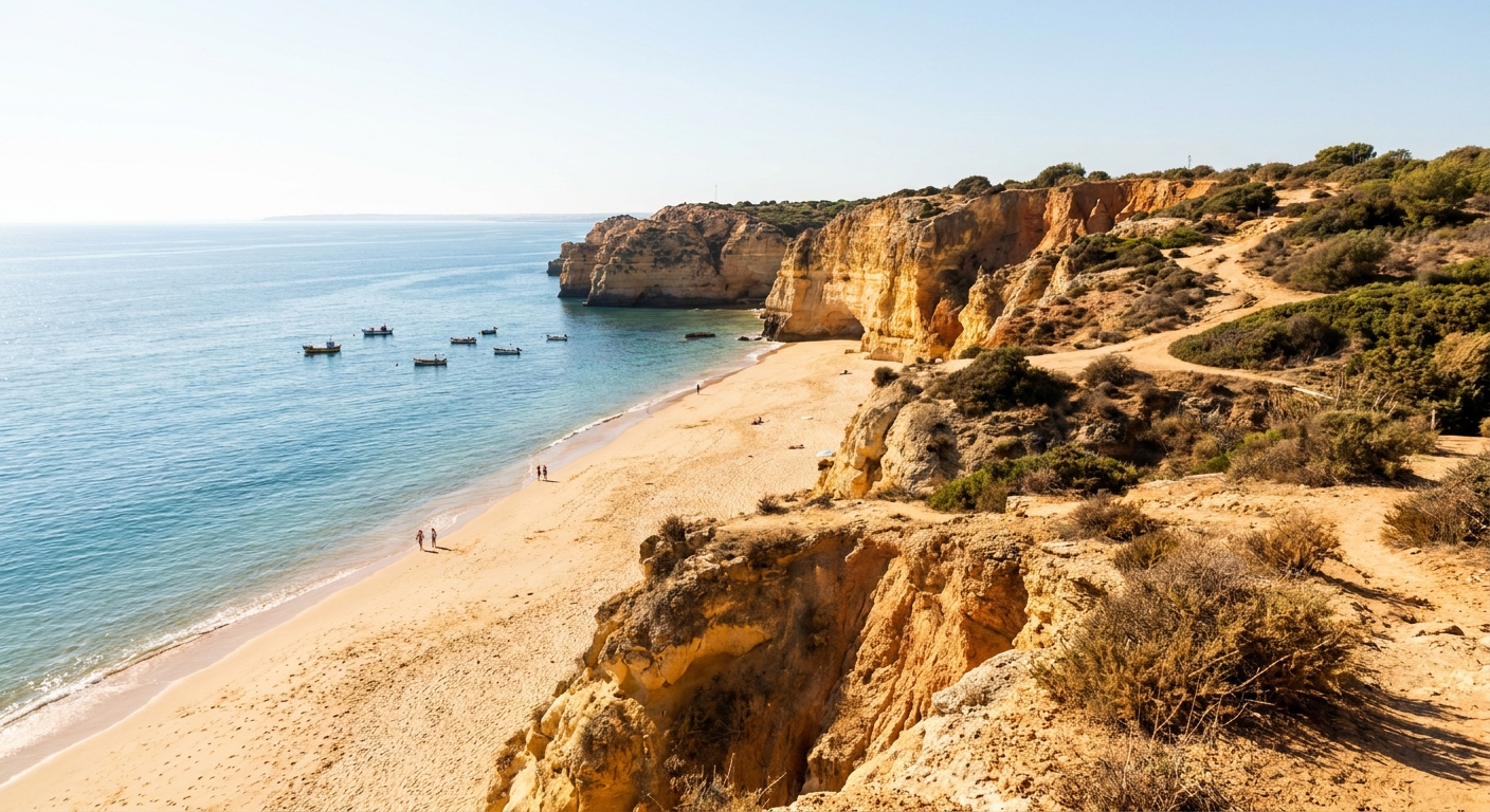 Ocher sandstone cliffs above a sandy beach and calm Atlantic water at Albufeira
