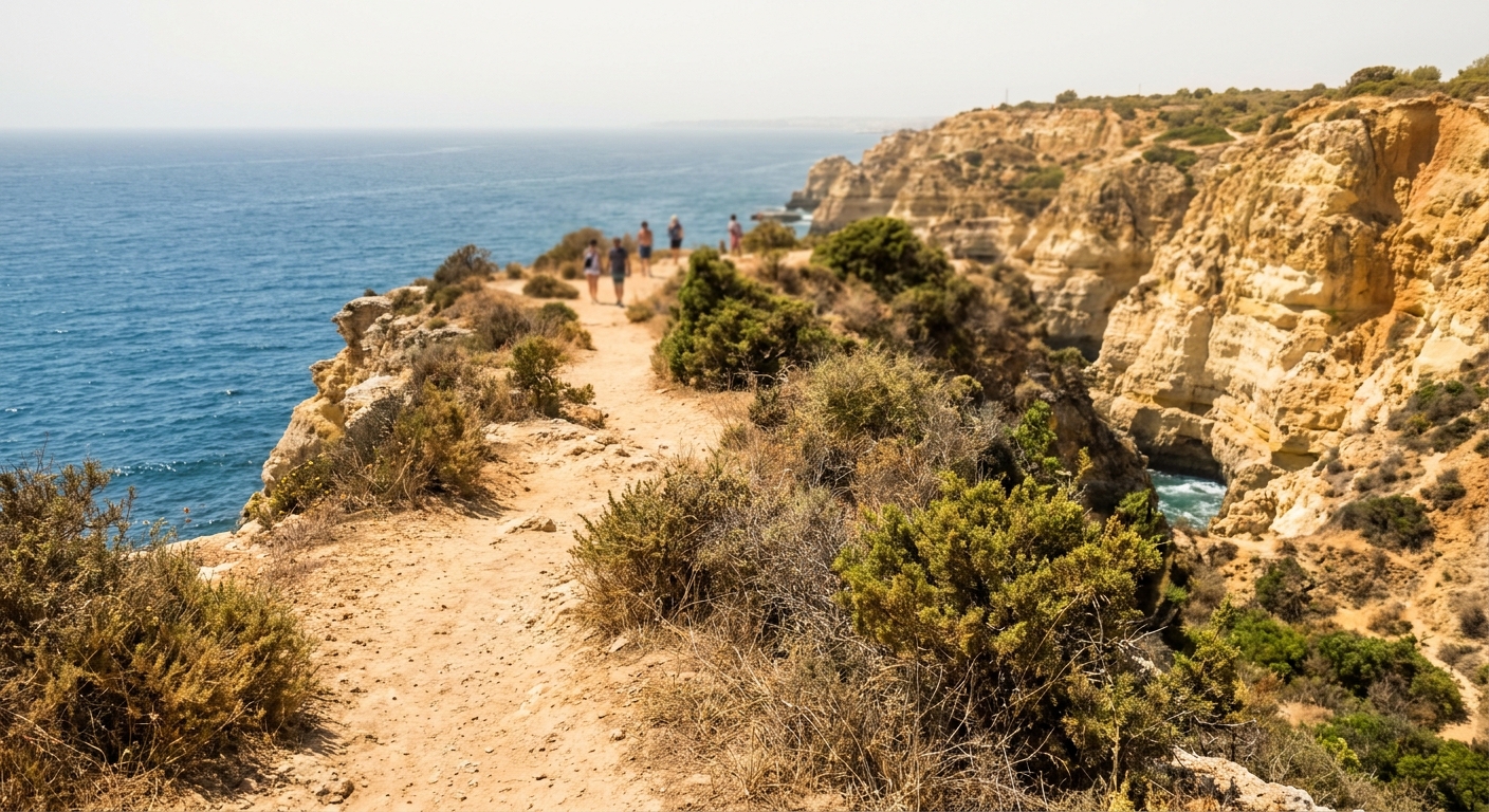 A narrow coastal footpath running along ocher cliffs above the Atlantic near Olhos de Agua
